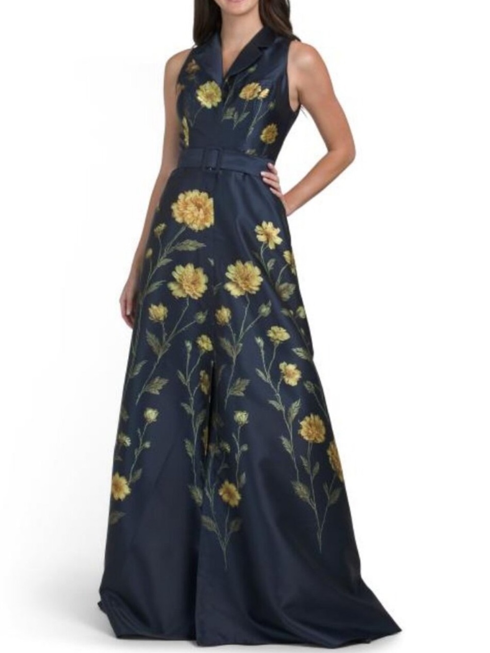 RENE BY RENE RUIZ Sleeveless Floral Mikado Gown With Belt
